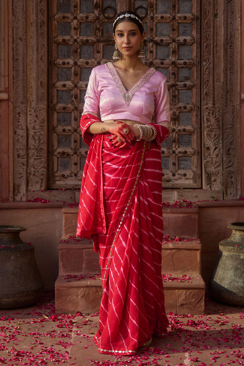 Rajratna – Red Leheriya Saree with Pastel Pink Blouse
