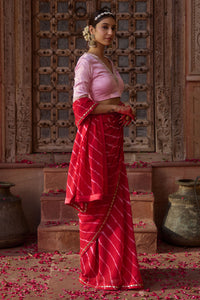 Rajratna – Red Leheriya Saree with Pastel Pink Blouse