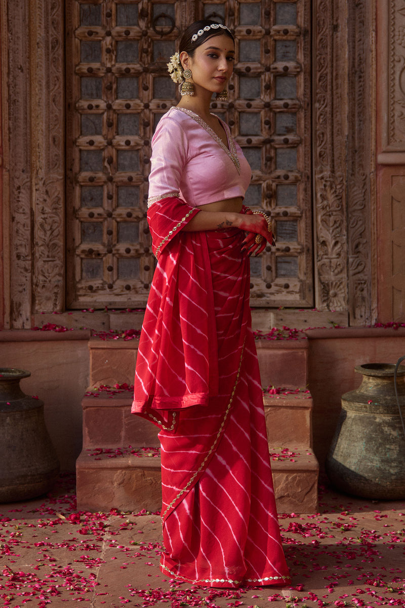 Rajratna – Red Leheriya Saree with Pastel Pink Blouse