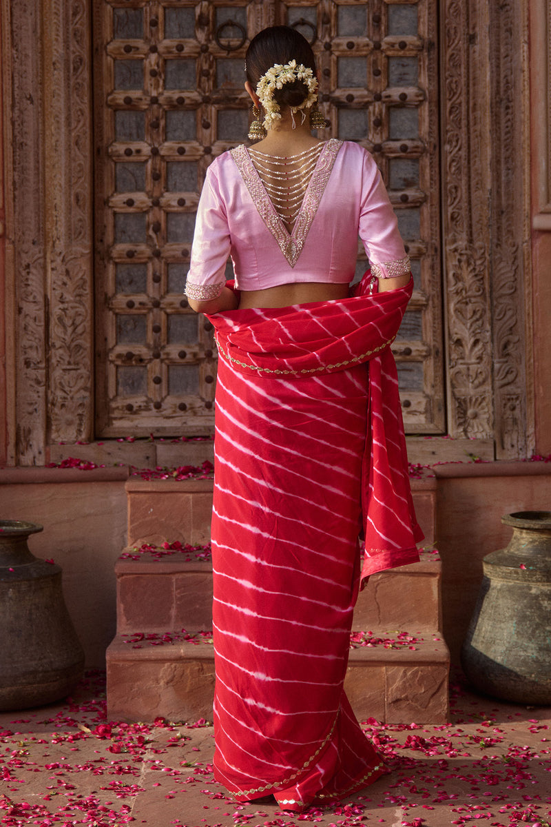 Rajratna – Red Leheriya Saree with Pastel Pink Blouse