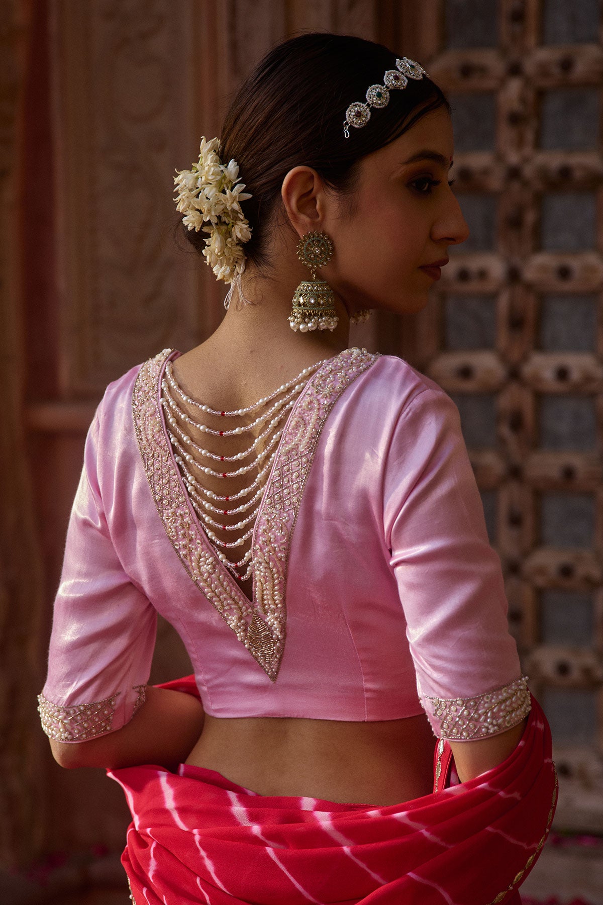 Rajratna – Red Leheriya Saree with Pastel Pink Blouse