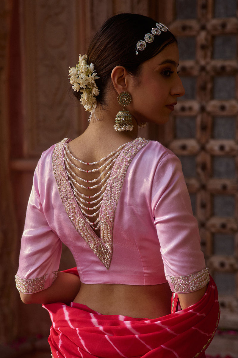 Rajratna – Red Leheriya Saree with Pastel Pink Blouse