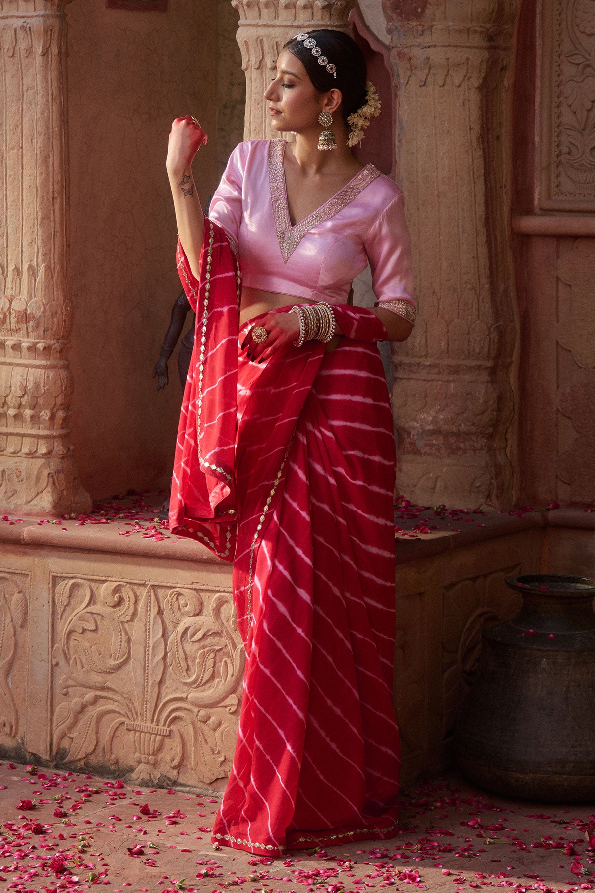 Rajratna – Red Leheriya Saree with Pastel Pink Blouse