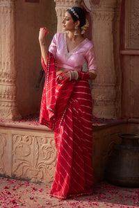 Rajratna – Red Leheriya Saree with Pastel Pink Blouse