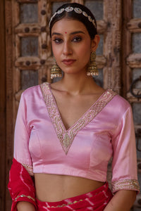 Rajratna – Red Leheriya Saree with Pastel Pink Blouse