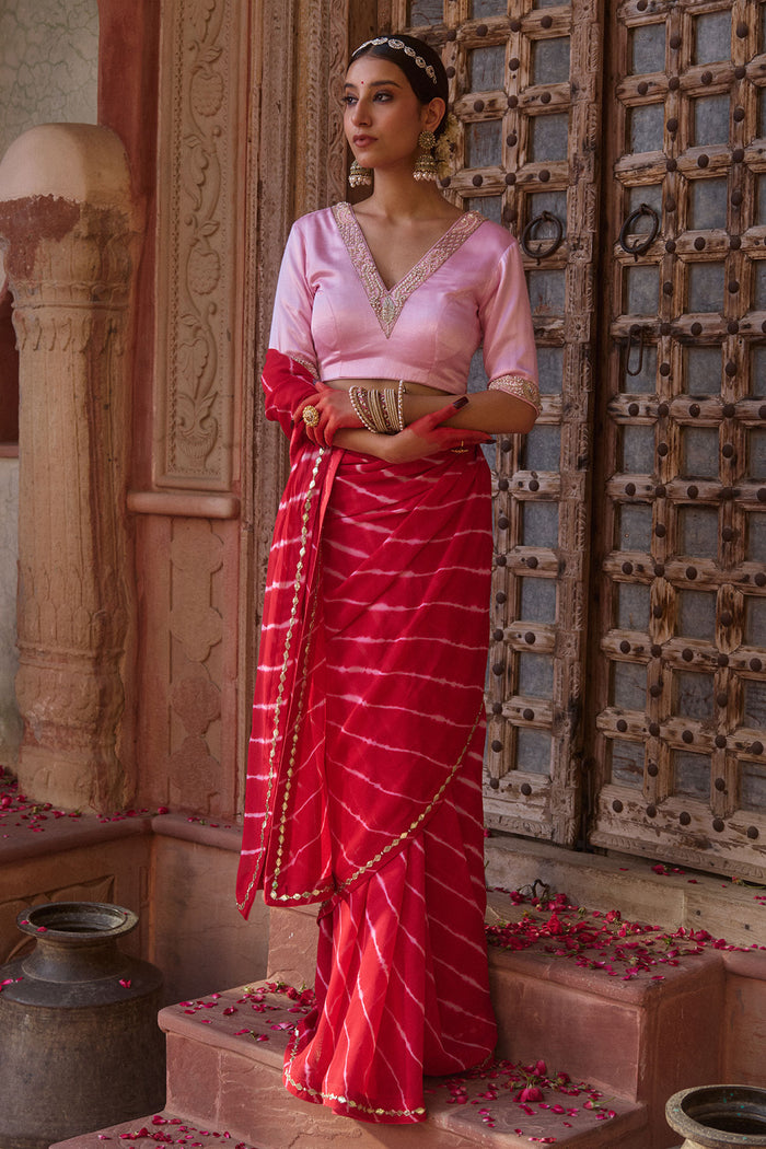Rajratna – Red Leheriya Saree with Pastel Pink Blouse