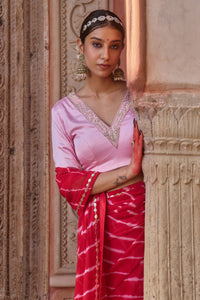 Rajratna – Red Leheriya Saree with Pastel Pink Blouse