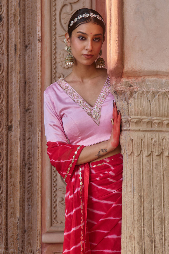 Rajratna – Red Leheriya Saree with Pastel Pink Blouse