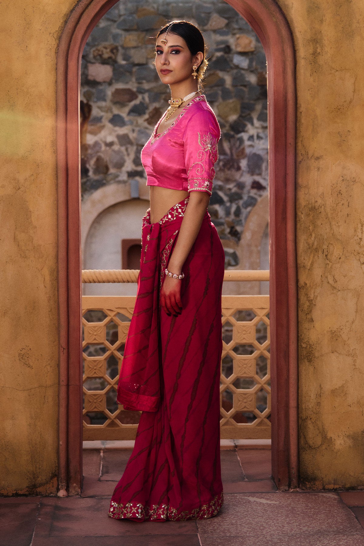 Gulbahar – Magenta Leheriya Saree with Fuchsia Blouse