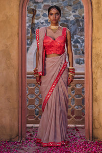 Rajeshwari – Sand Brown Leheriya Saree with Crimson Corset Blouse