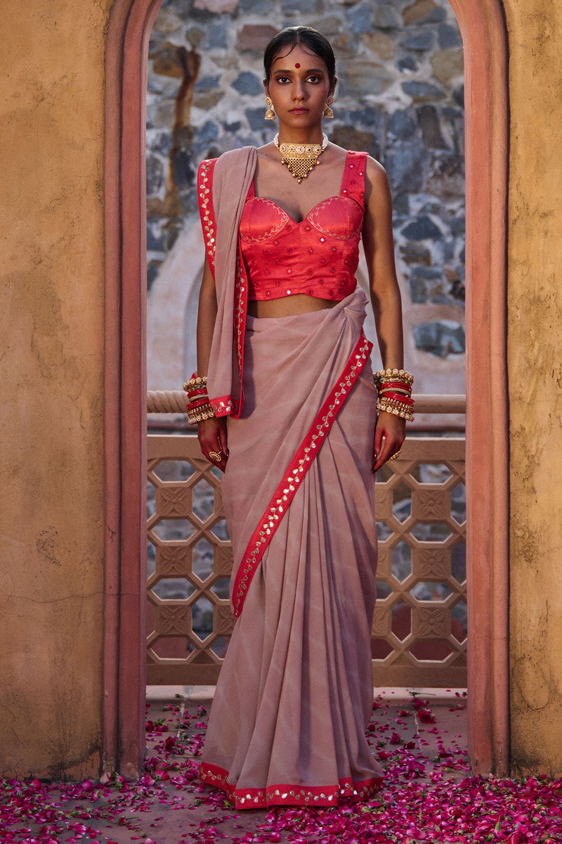 Rajeshwari – Sand Brown Leheriya Saree with Crimson Corset Blouse
