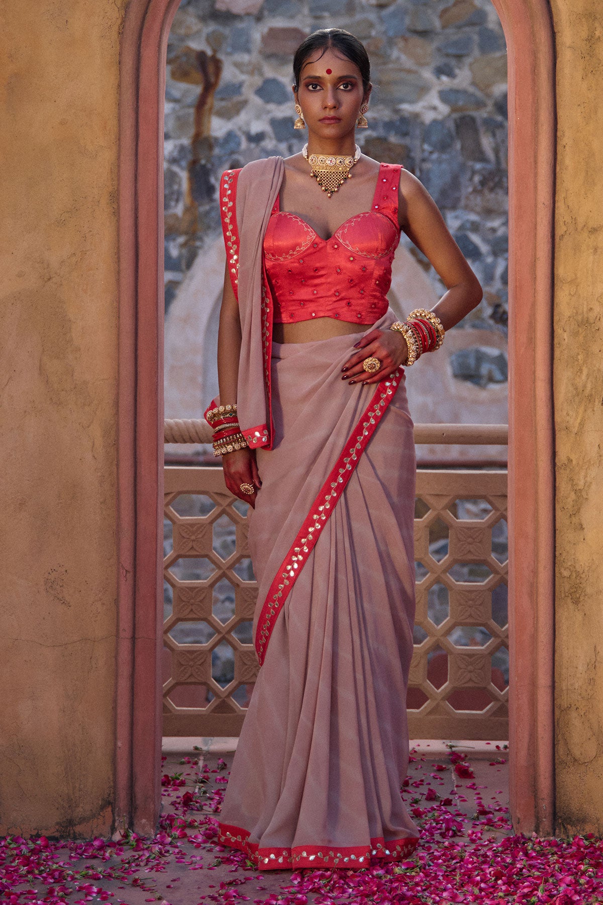 Rajeshwari – Sand Brown Leheriya Saree with Crimson Corset Blouse