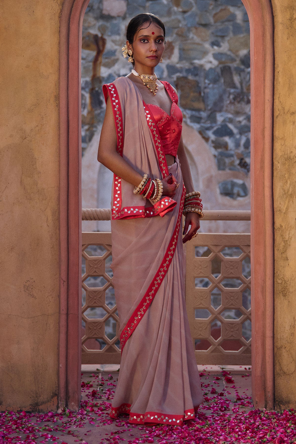 Rajeshwari – Sand Brown Leheriya Saree with Crimson Corset Blouse