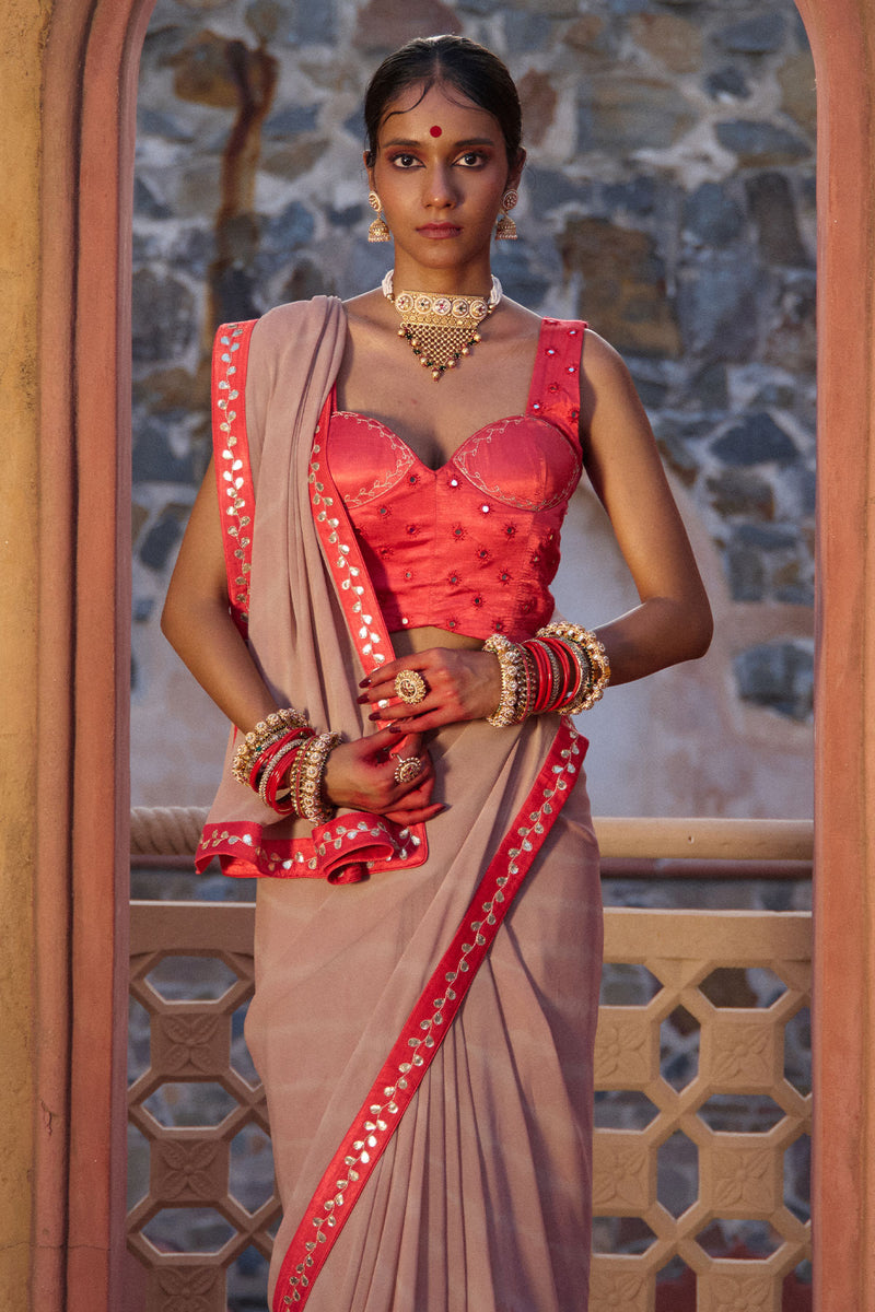 Rajeshwari – Sand Brown Leheriya Saree with Crimson Corset Blouse