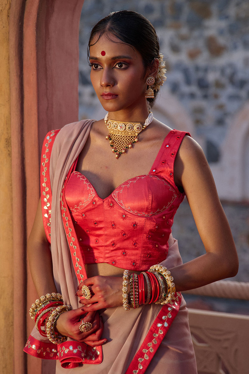 Rajeshwari – Sand Brown Leheriya Saree with Crimson Corset Blouse