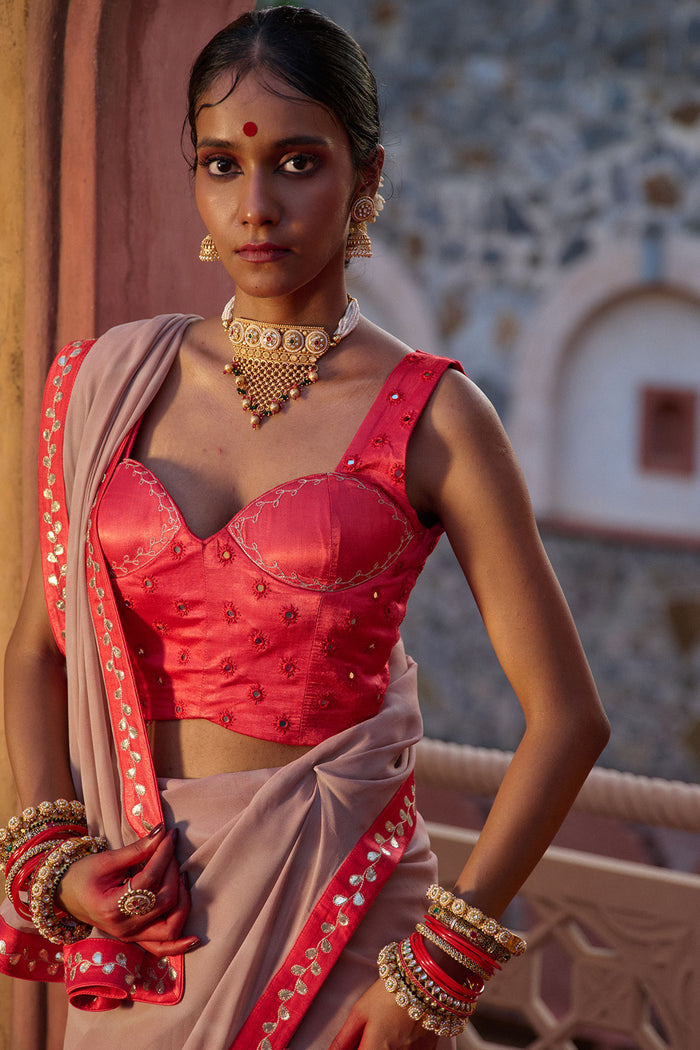 Rajeshwari – Sand Brown Leheriya Saree with Crimson Corset Blouse
