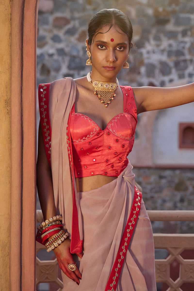 Rajeshwari – Sand Brown Leheriya Saree with Crimson Corset Blouse