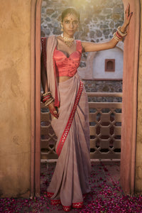 Rajeshwari – Sand Brown Leheriya Saree with Crimson Corset Blouse