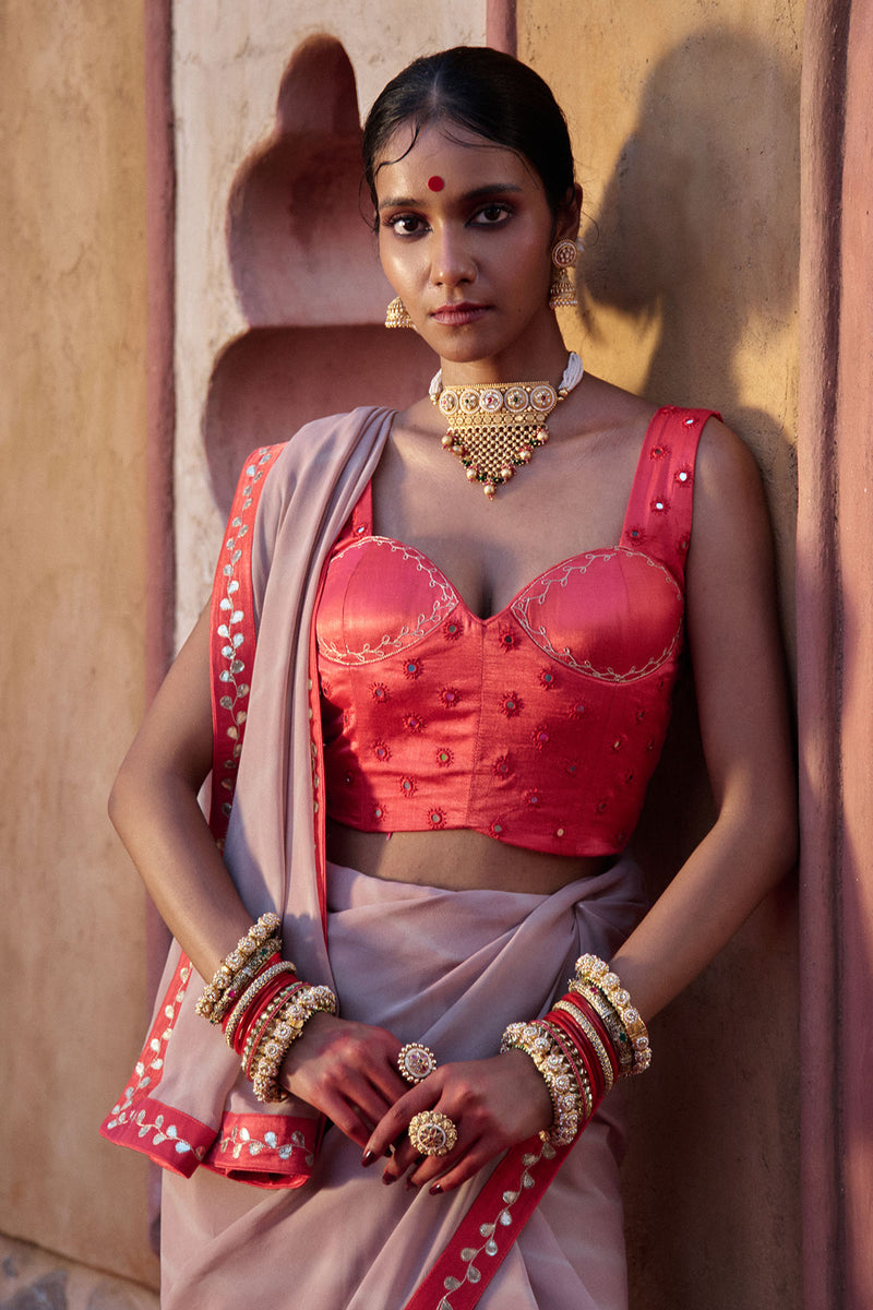 Rajeshwari – Sand Brown Leheriya Saree with Crimson Corset Blouse
