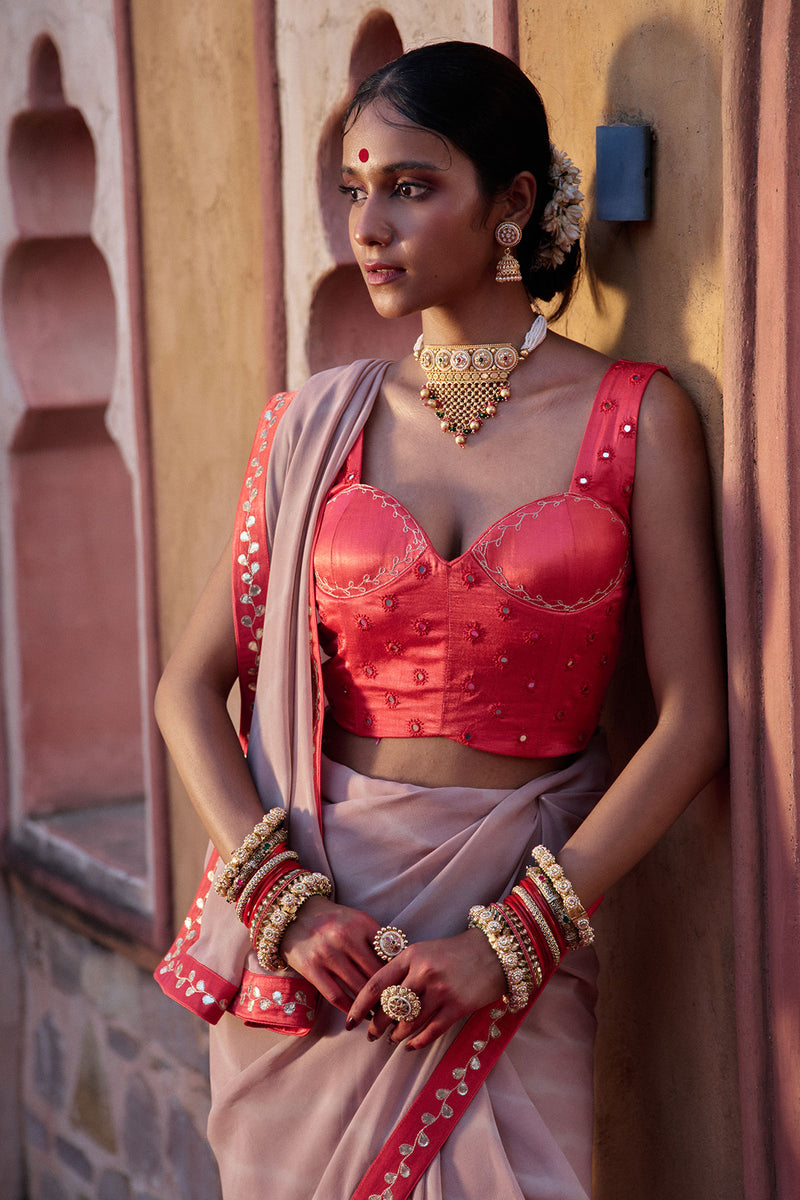 Rajeshwari – Sand Brown Leheriya Saree with Crimson Corset Blouse