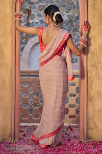 Rajeshwari – Sand Brown Leheriya Saree with Crimson Corset Blouse
