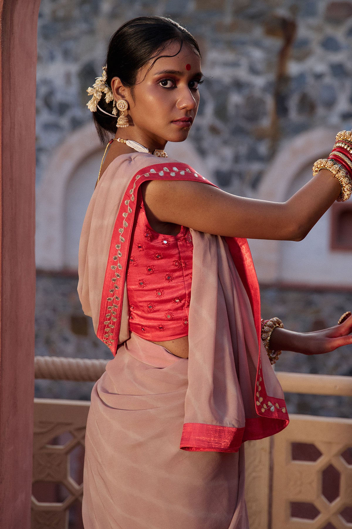 Rajeshwari – Sand Brown Leheriya Saree with Crimson Corset Blouse