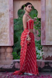 Tarangini – Watermelon Leheriya Saree and Corset Blouse with Pearl Strings