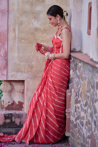 Tarangini – Watermelon Leheriya Saree and Corset Blouse with Pearl Strings