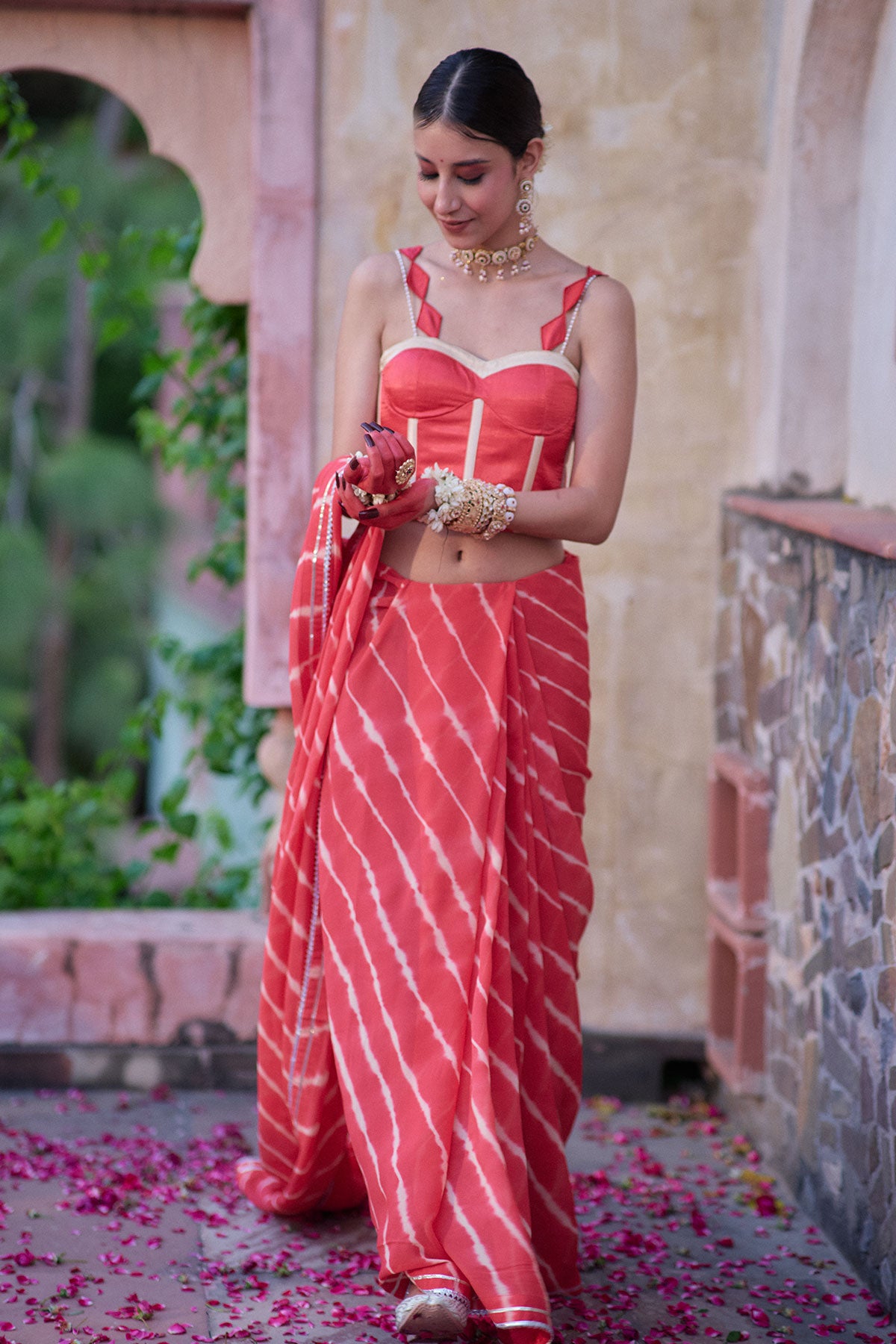 Tarangini – Watermelon Leheriya Saree and Corset Blouse with Pearl Strings