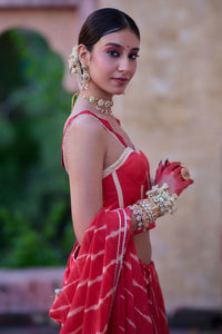 Tarangini – Watermelon Leheriya Saree and Corset Blouse with Pearl Strings