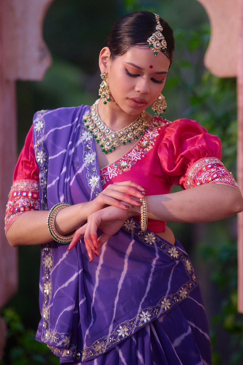 Rajeshwari – Royal Purple Saree with Rani Puff-Sleeve Blouse