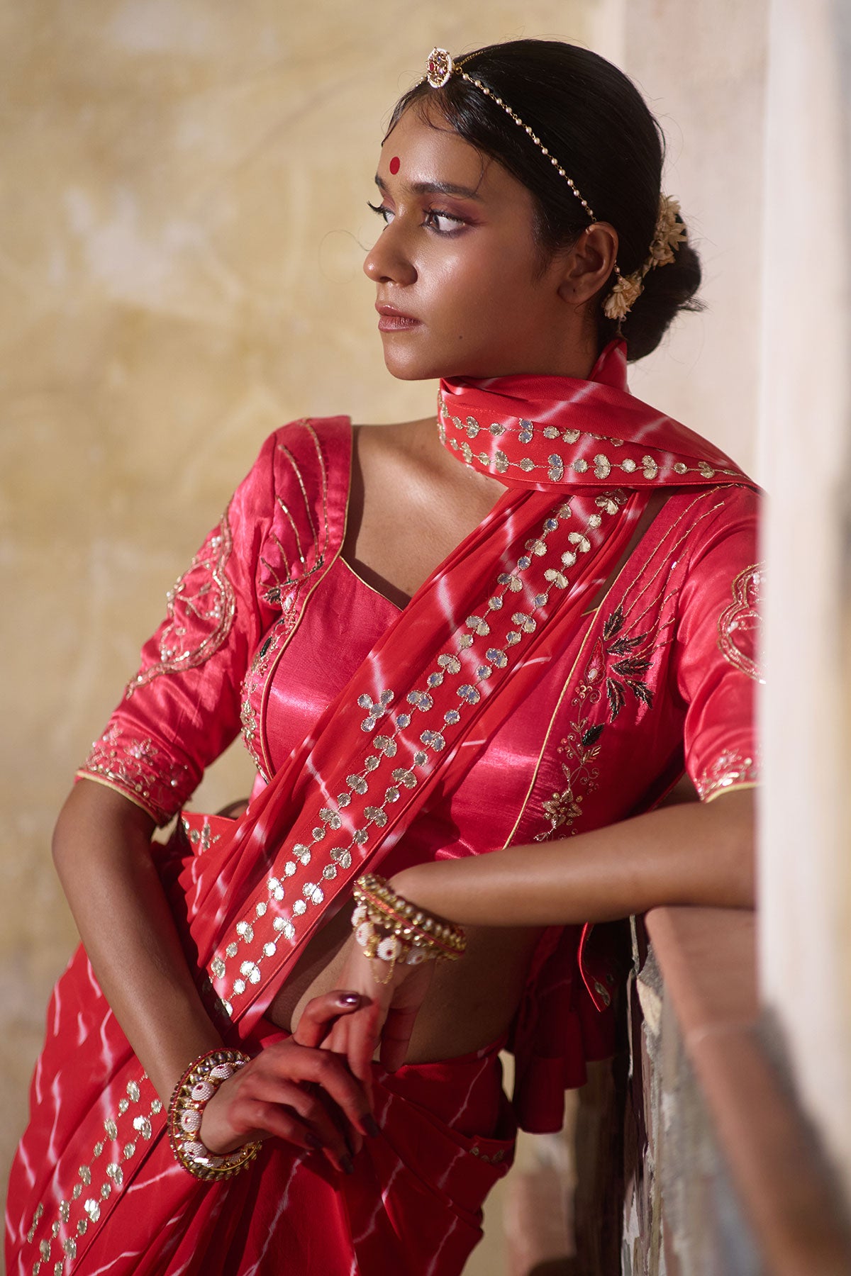Rajlakshmi  – Red Leheriya Saree with Rani Pink  Blouse